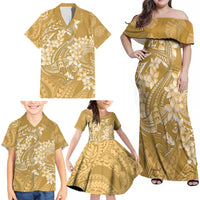 Yellow Polynesia Hammerhead Shark Tattoo With Plumeria Lei Family Matching Off Shoulder Maxi Dress and Hawaiian Shirt