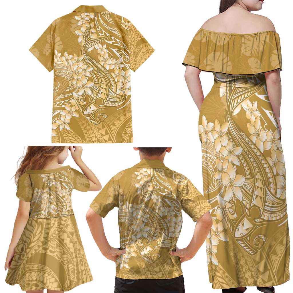 Yellow Polynesia Hammerhead Shark Tattoo With Plumeria Lei Family Matching Off Shoulder Maxi Dress and Hawaiian Shirt