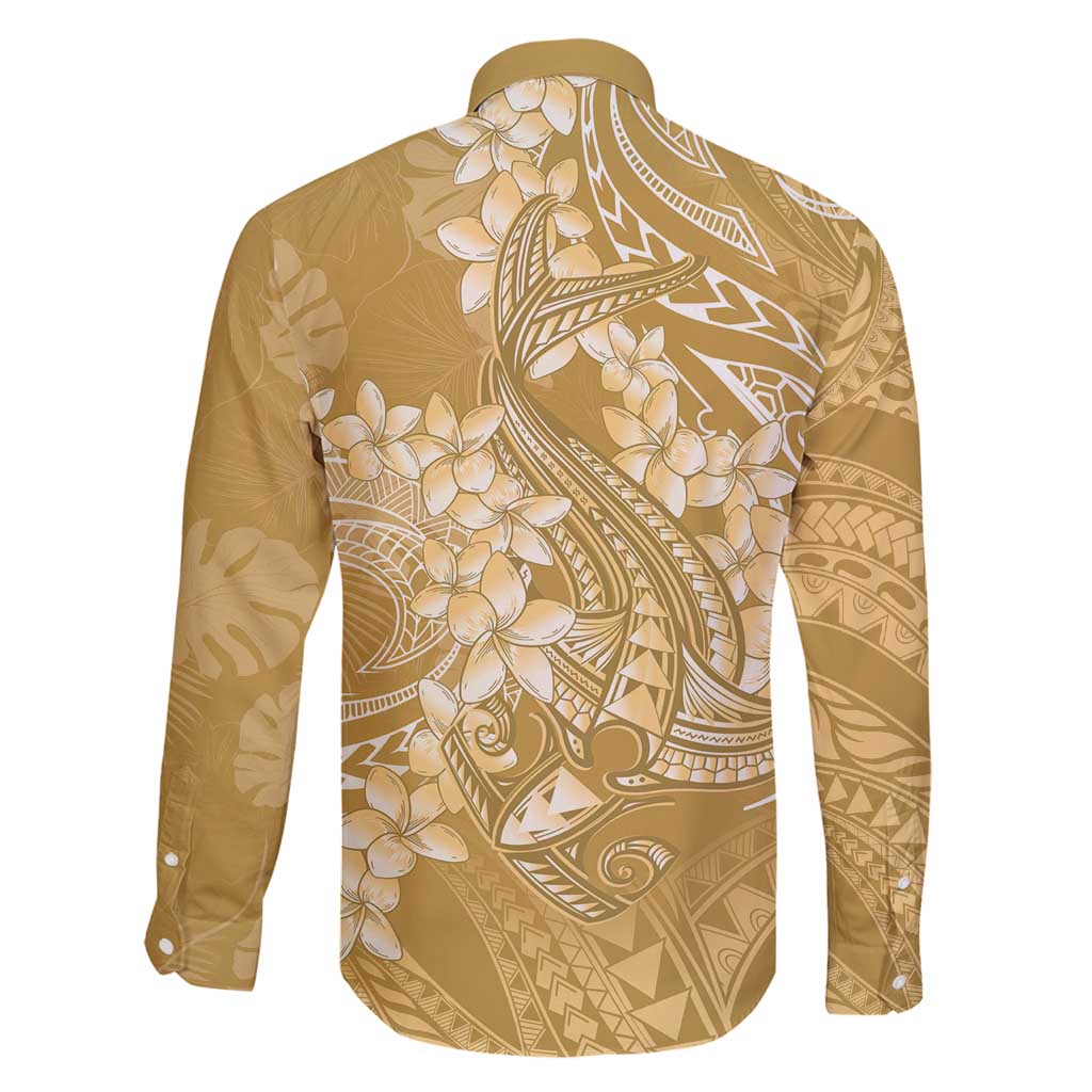 Yellow Polynesia Hammerhead Shark Tattoo With Plumeria Lei Family Matching Off Shoulder Short Dress and Hawaiian Shirt