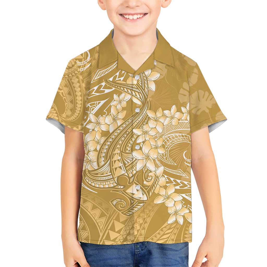 Yellow Polynesia Hammerhead Shark Tattoo With Plumeria Lei Family Matching Off Shoulder Short Dress and Hawaiian Shirt