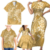 Yellow Polynesia Hammerhead Shark Tattoo With Plumeria Lei Family Matching Short Sleeve Bodycon Dress and Hawaiian Shirt