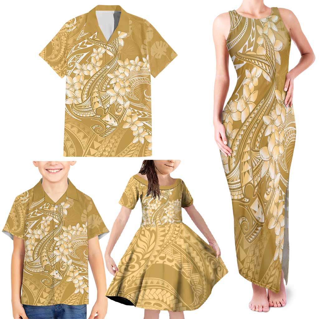 Yellow Polynesia Hammerhead Shark Tattoo With Plumeria Lei Family Matching Tank Maxi Dress and Hawaiian Shirt