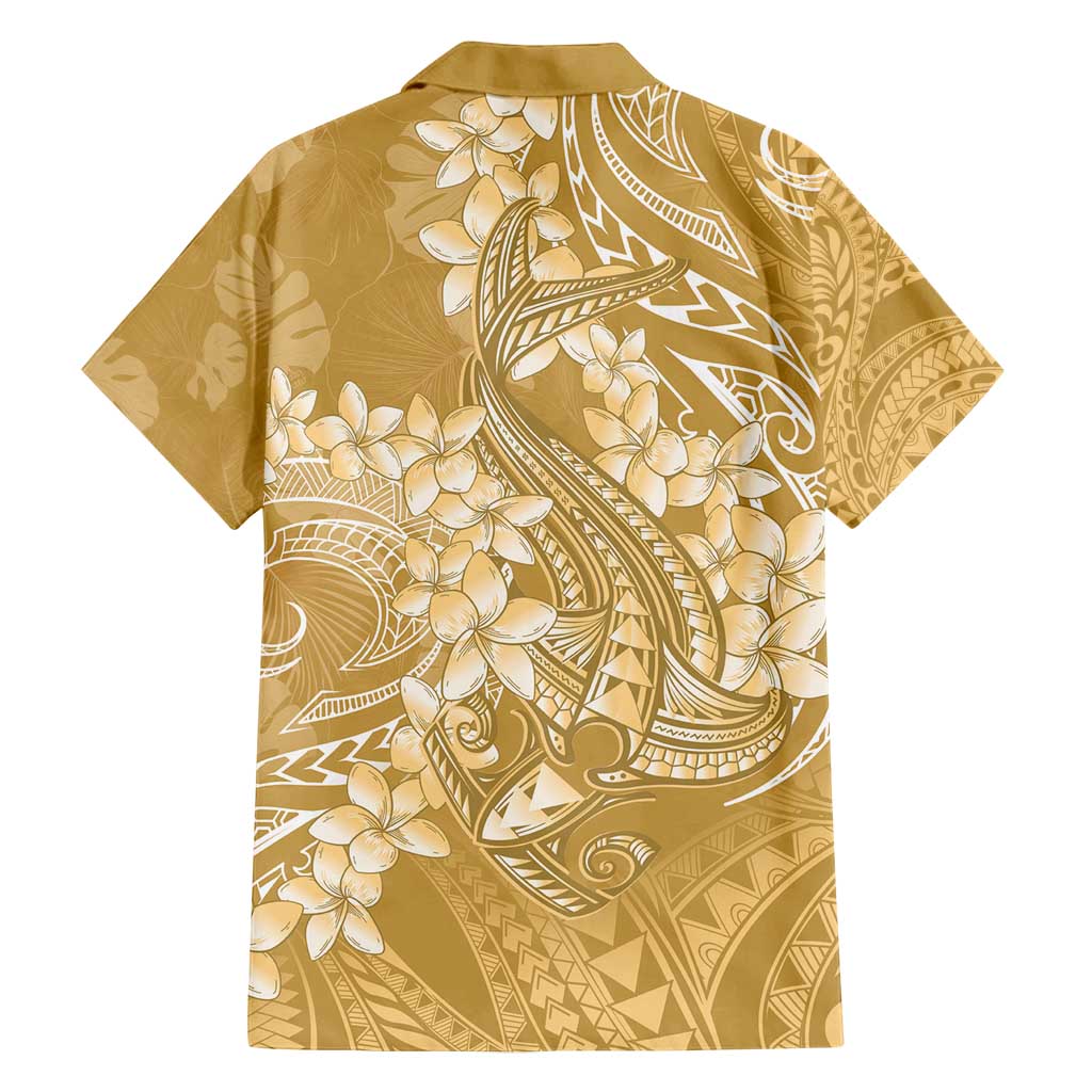 Yellow Polynesia Hammerhead Shark Tattoo With Plumeria Lei Family Matching Tank Maxi Dress and Hawaiian Shirt