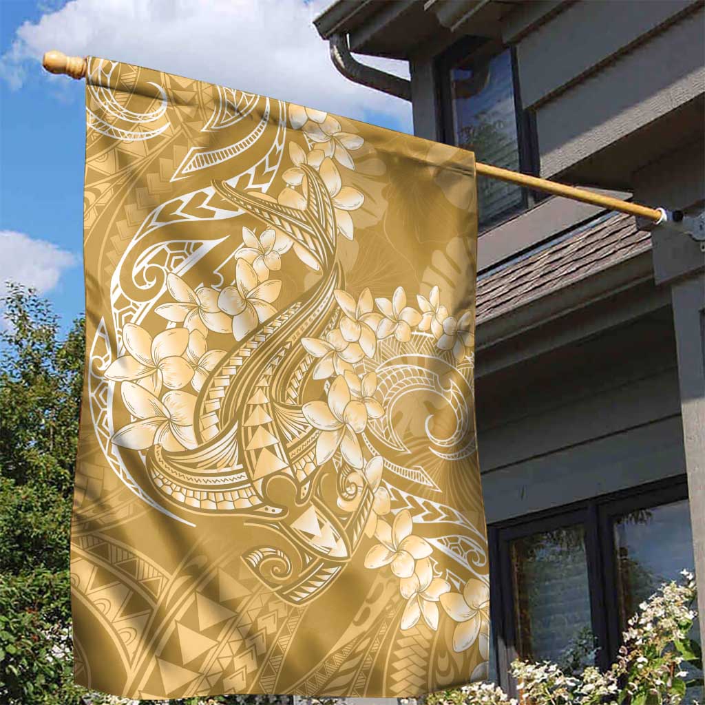 Yellow Polynesia Hammerhead Shark Tattoo With Plumeria Lei Garden Flag