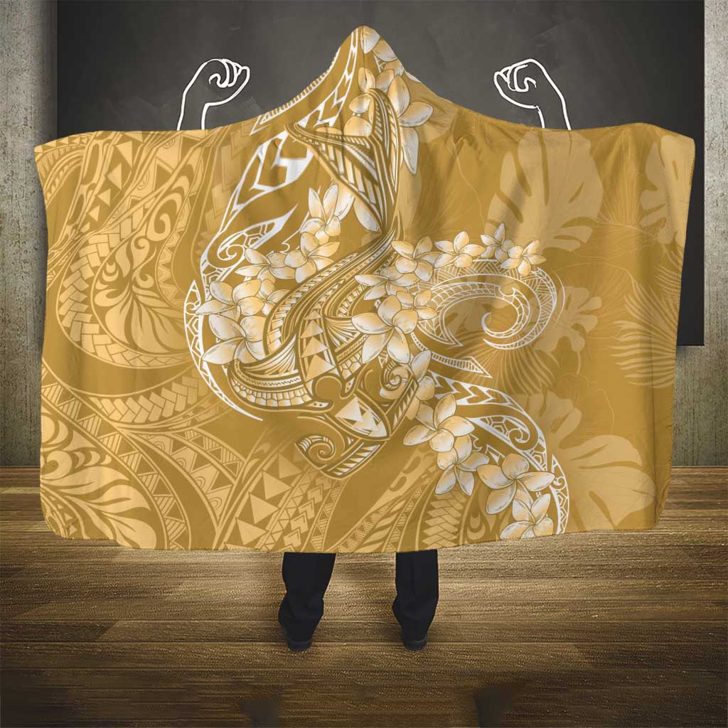 Yellow Polynesia Hammerhead Shark Tattoo With Plumeria Lei Hooded Blanket