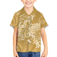 Yellow Polynesia Hammerhead Shark Tattoo With Plumeria Lei Kid Hawaiian Shirt