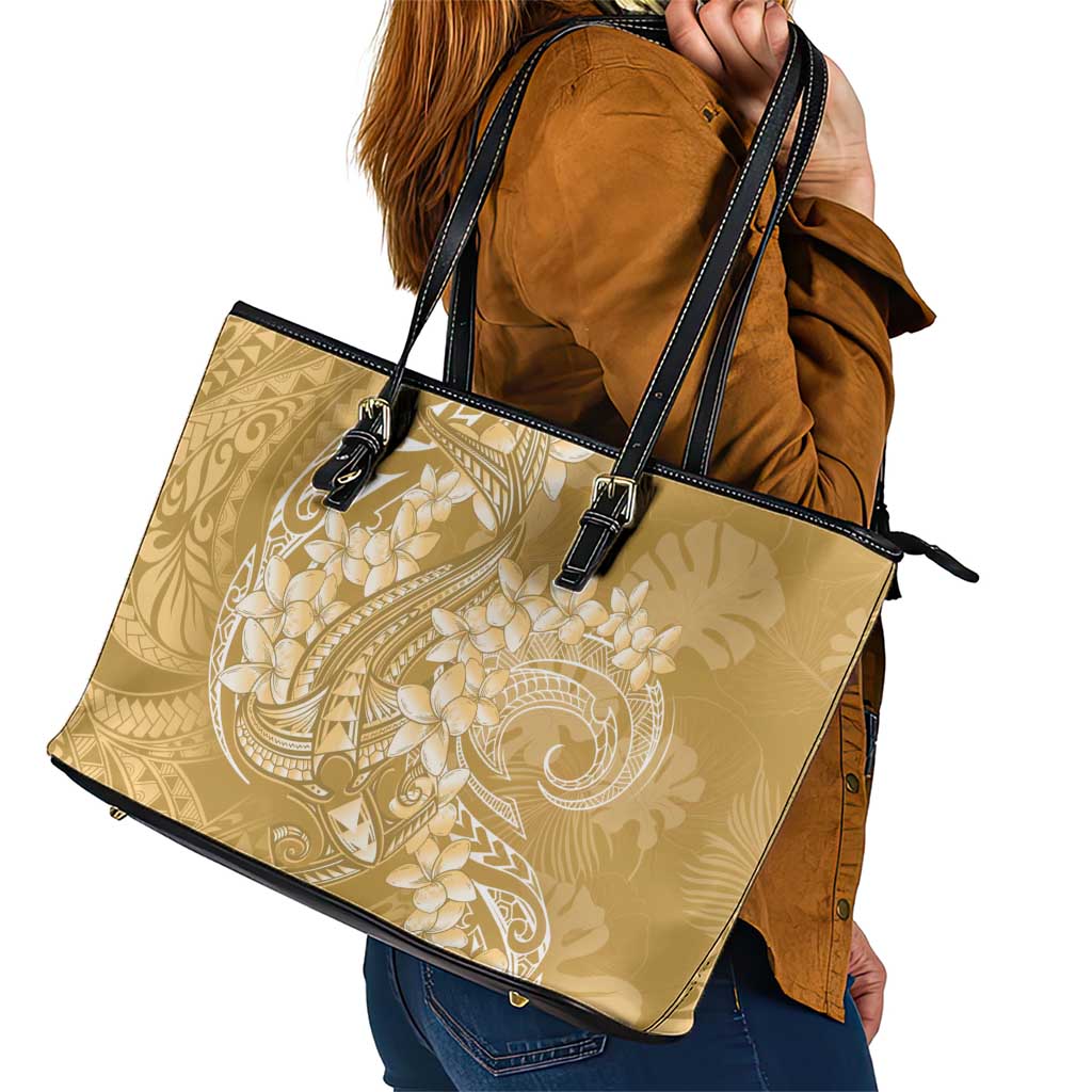 Yellow Polynesia Hammerhead Shark Tattoo With Plumeria Lei Leather Tote Bag