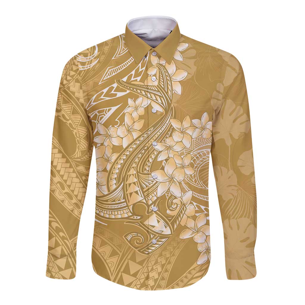 Yellow Polynesia Hammerhead Shark Tattoo With Plumeria Lei Long Sleeve Button Shirt