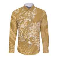 Yellow Polynesia Hammerhead Shark Tattoo With Plumeria Lei Long Sleeve Button Shirt