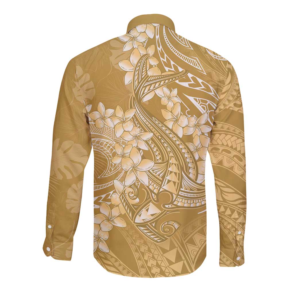 Yellow Polynesia Hammerhead Shark Tattoo With Plumeria Lei Long Sleeve Button Shirt