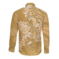 Yellow Polynesia Hammerhead Shark Tattoo With Plumeria Lei Long Sleeve Button Shirt