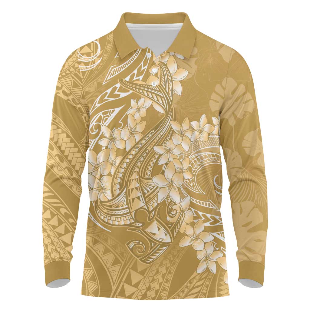 Yellow Polynesia Hammerhead Shark Tattoo With Plumeria Lei Long Sleeve Polo Shirt LT14 Yellow - Polynesian Pride