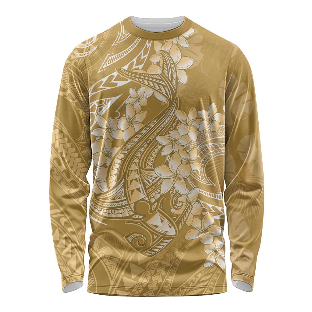 Yellow Polynesia Hammerhead Shark Tattoo With Plumeria Lei Long Sleeve Shirt