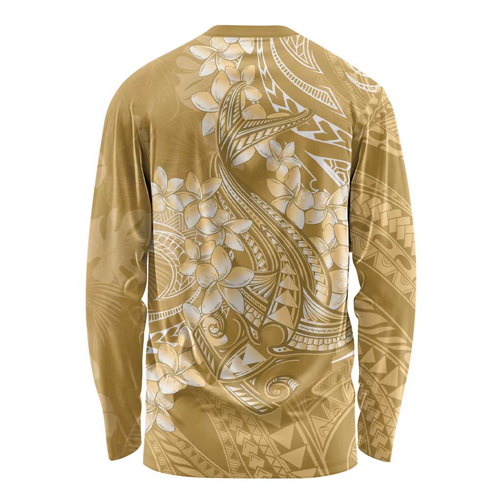 Yellow Polynesia Hammerhead Shark Tattoo With Plumeria Lei Long Sleeve Shirt