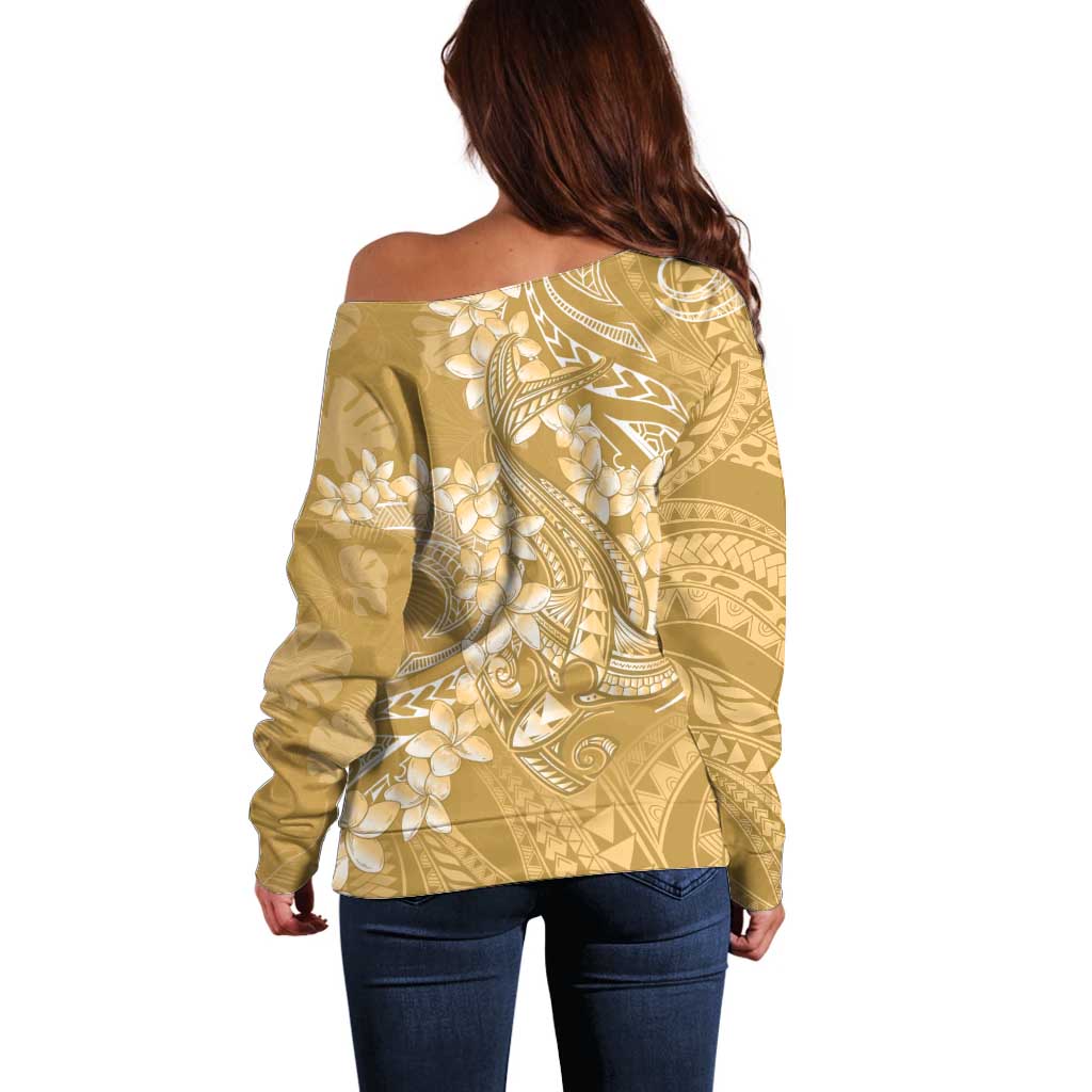 Yellow Polynesia Hammerhead Shark Tattoo With Plumeria Lei Off Shoulder Sweater