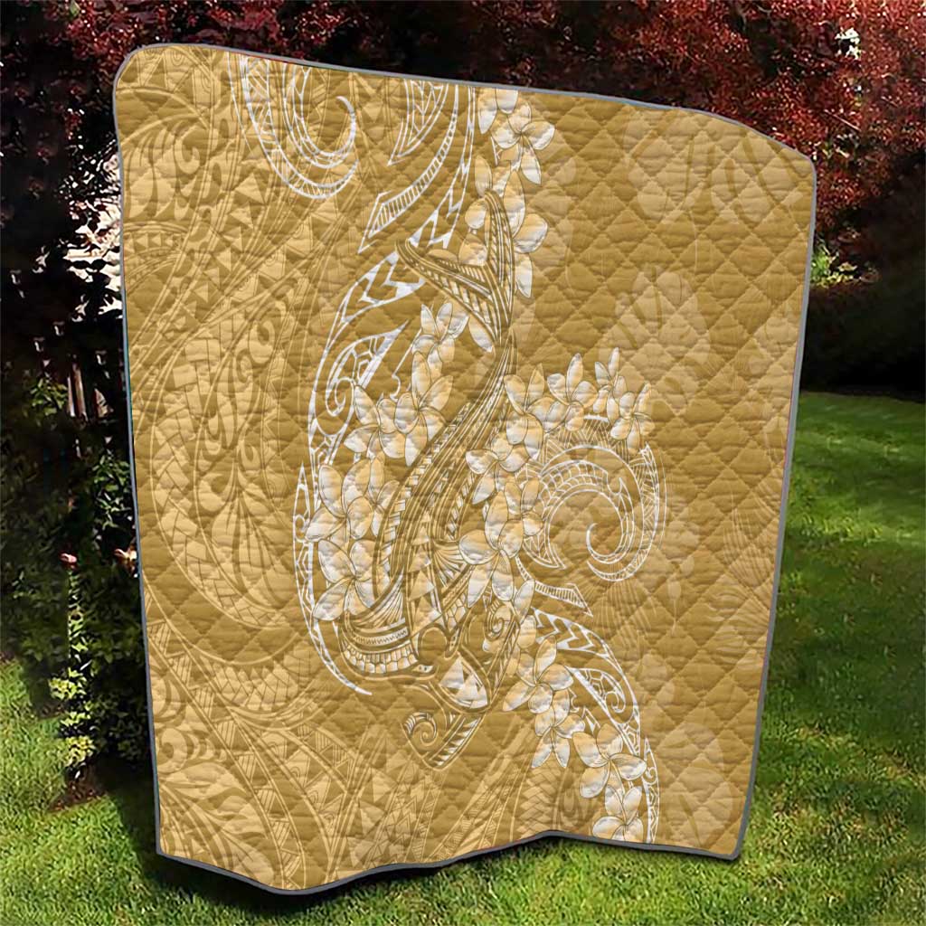 Yellow Polynesia Hammerhead Shark Tattoo With Plumeria Lei Quilt