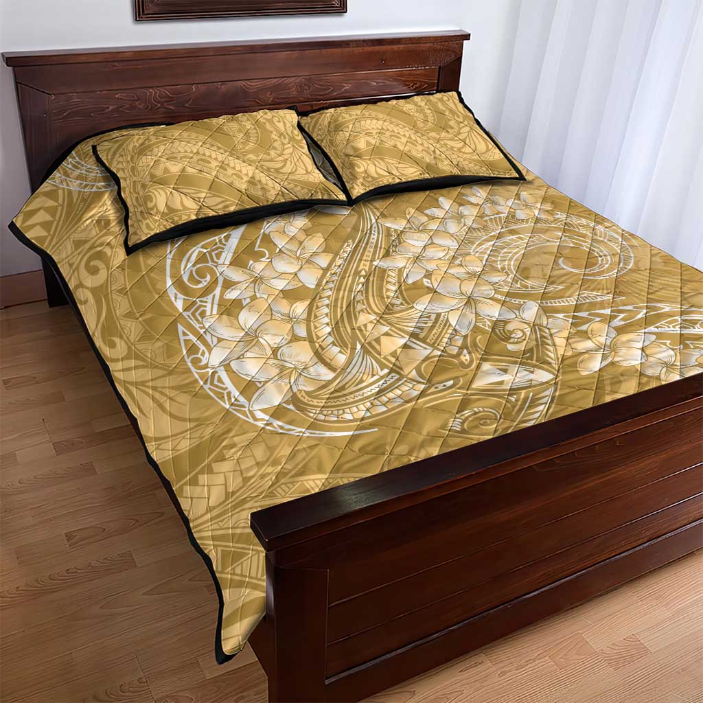 Yellow Polynesia Hammerhead Shark Tattoo With Plumeria Lei Quilt Bed Set