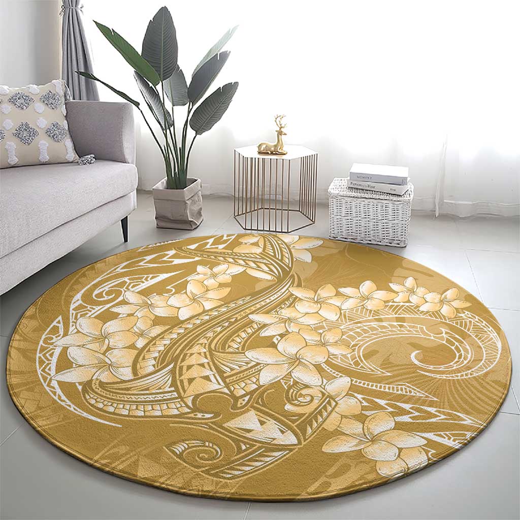 Yellow Polynesia Hammerhead Shark Tattoo With Plumeria Lei Round Carpet