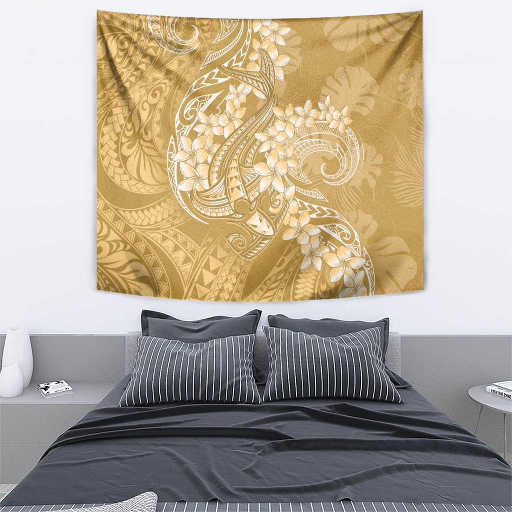 Yellow Polynesia Hammerhead Shark Tattoo With Plumeria Lei Tapestry