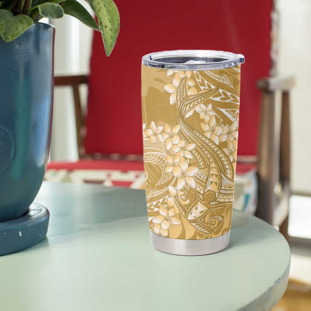 Yellow Polynesia Hammerhead Shark Tattoo With Plumeria Lei Tumbler Cup