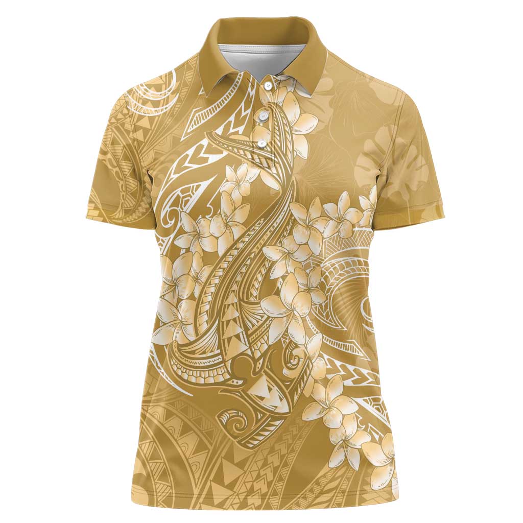 Yellow Polynesia Hammerhead Shark Tattoo With Plumeria Lei Women Polo Shirt