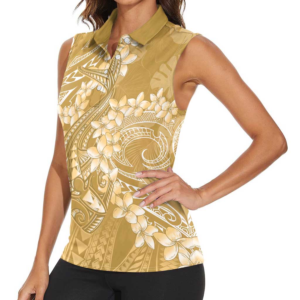 Yellow Polynesia Hammerhead Shark Tattoo With Plumeria Lei Women Sleeveless Polo Shirt LT14 - Polynesian Pride
