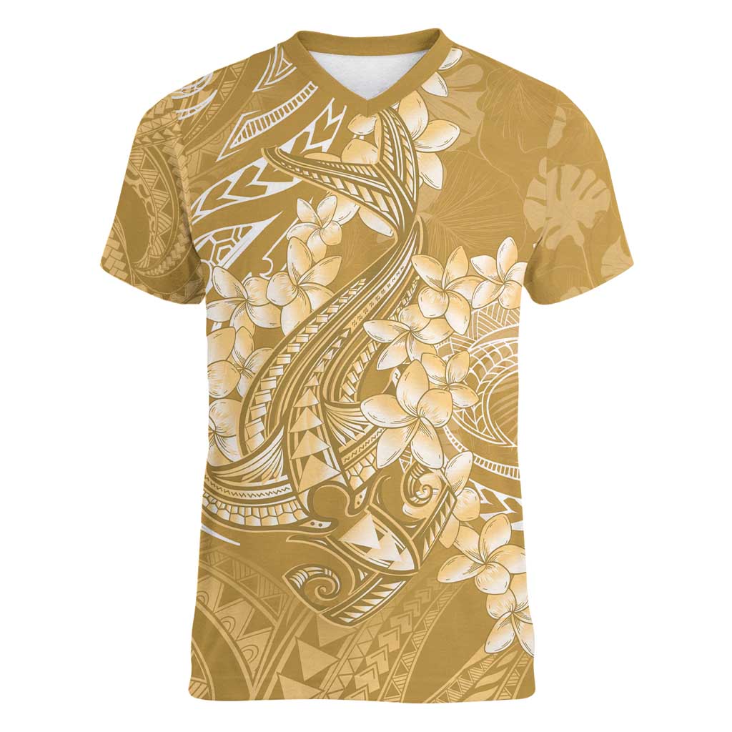 Yellow Polynesia Hammerhead Shark Tattoo With Plumeria Lei Women V-Neck T-Shirt LT14 Female Yellow - Polynesian Pride