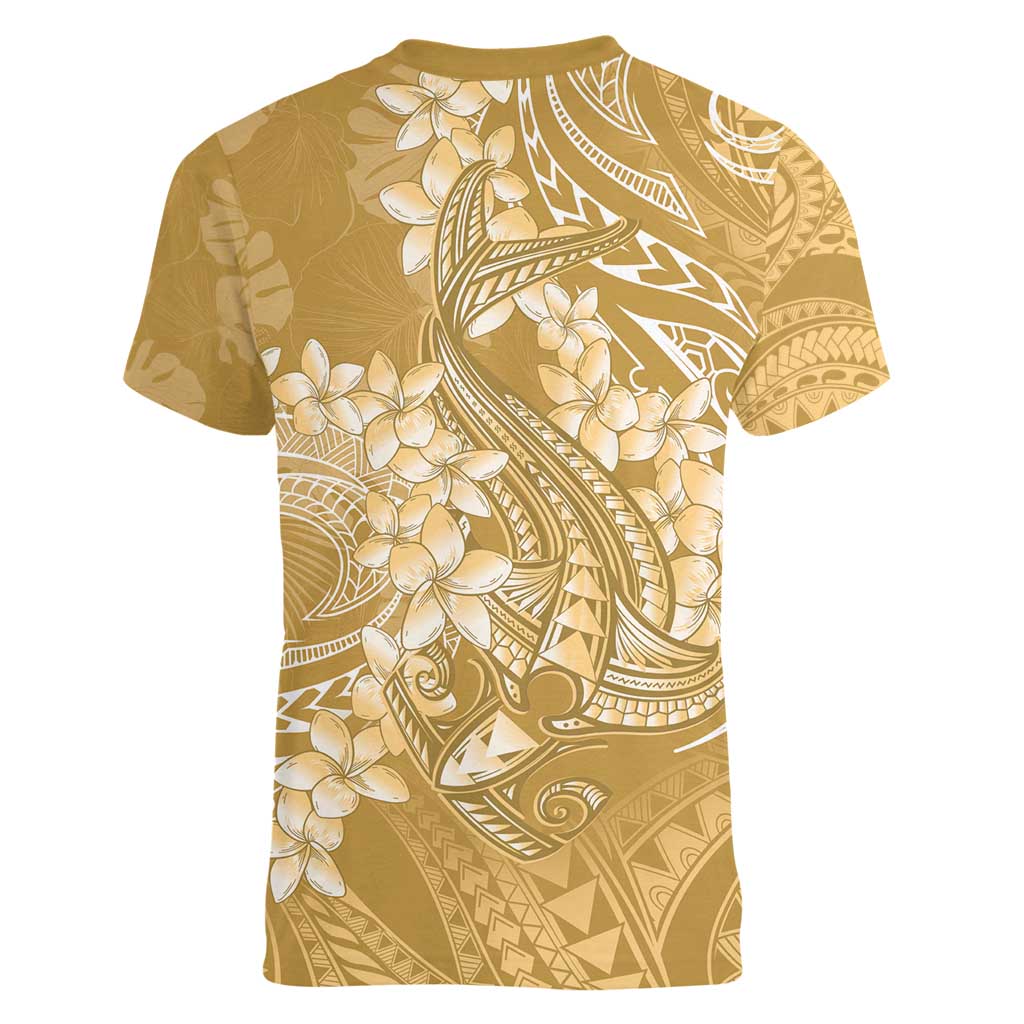 Yellow Polynesia Hammerhead Shark Tattoo With Plumeria Lei Women V-Neck T-Shirt LT14 - Polynesian Pride