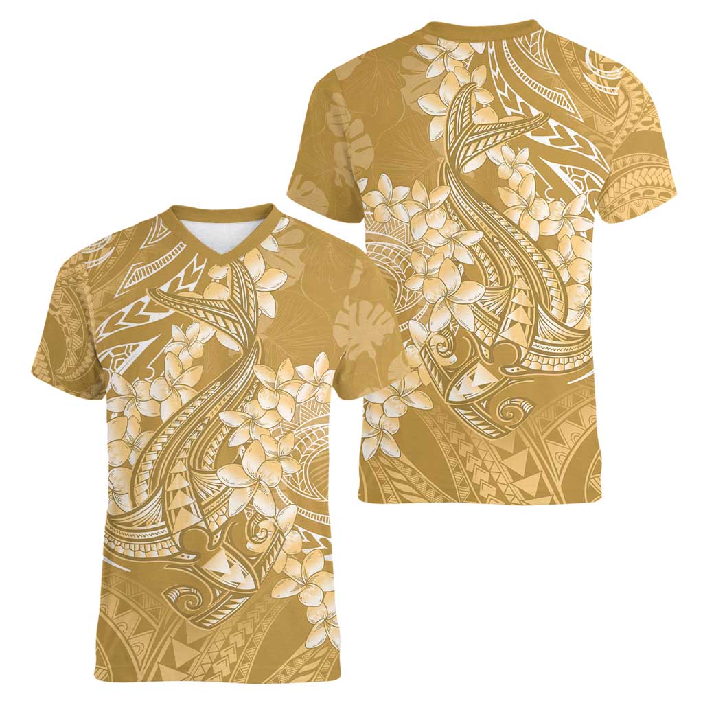 Yellow Polynesia Hammerhead Shark Tattoo With Plumeria Lei Women V-Neck T-Shirt LT14 - Polynesian Pride