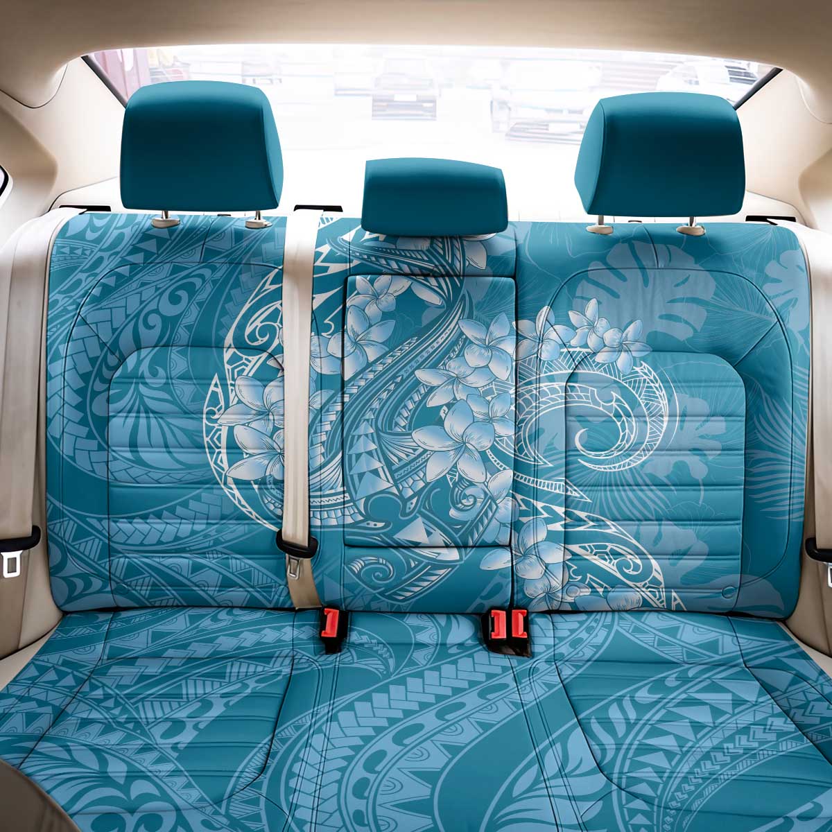 Blue Polynesia Hammerhead Shark Tattoo With Plumeria Lei Back Car Seat Cover