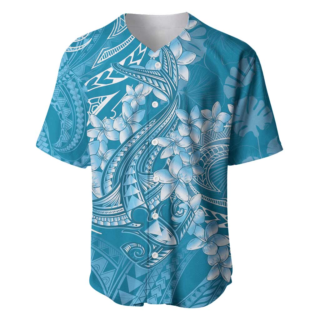 Blue Polynesia Hammerhead Shark Tattoo With Plumeria Lei Baseball Jersey