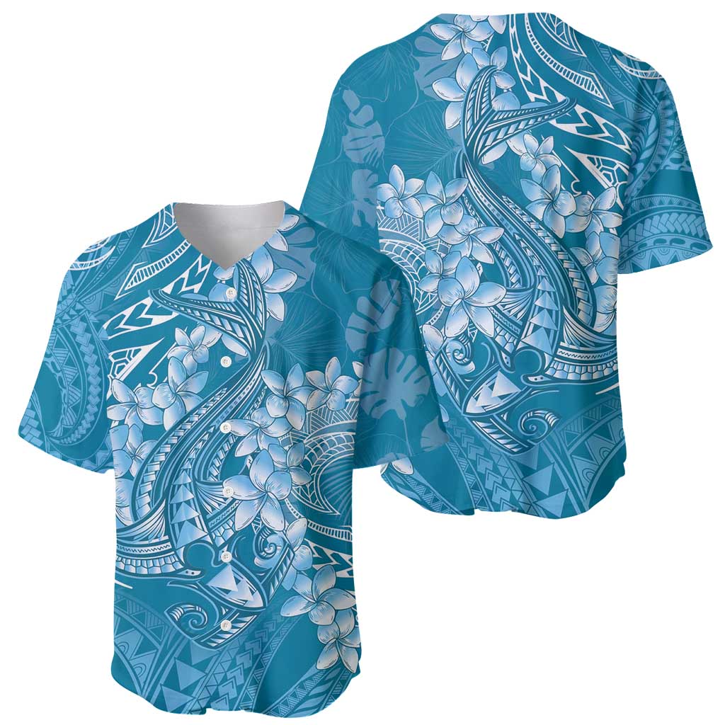 Blue Polynesia Hammerhead Shark Tattoo With Plumeria Lei Baseball Jersey