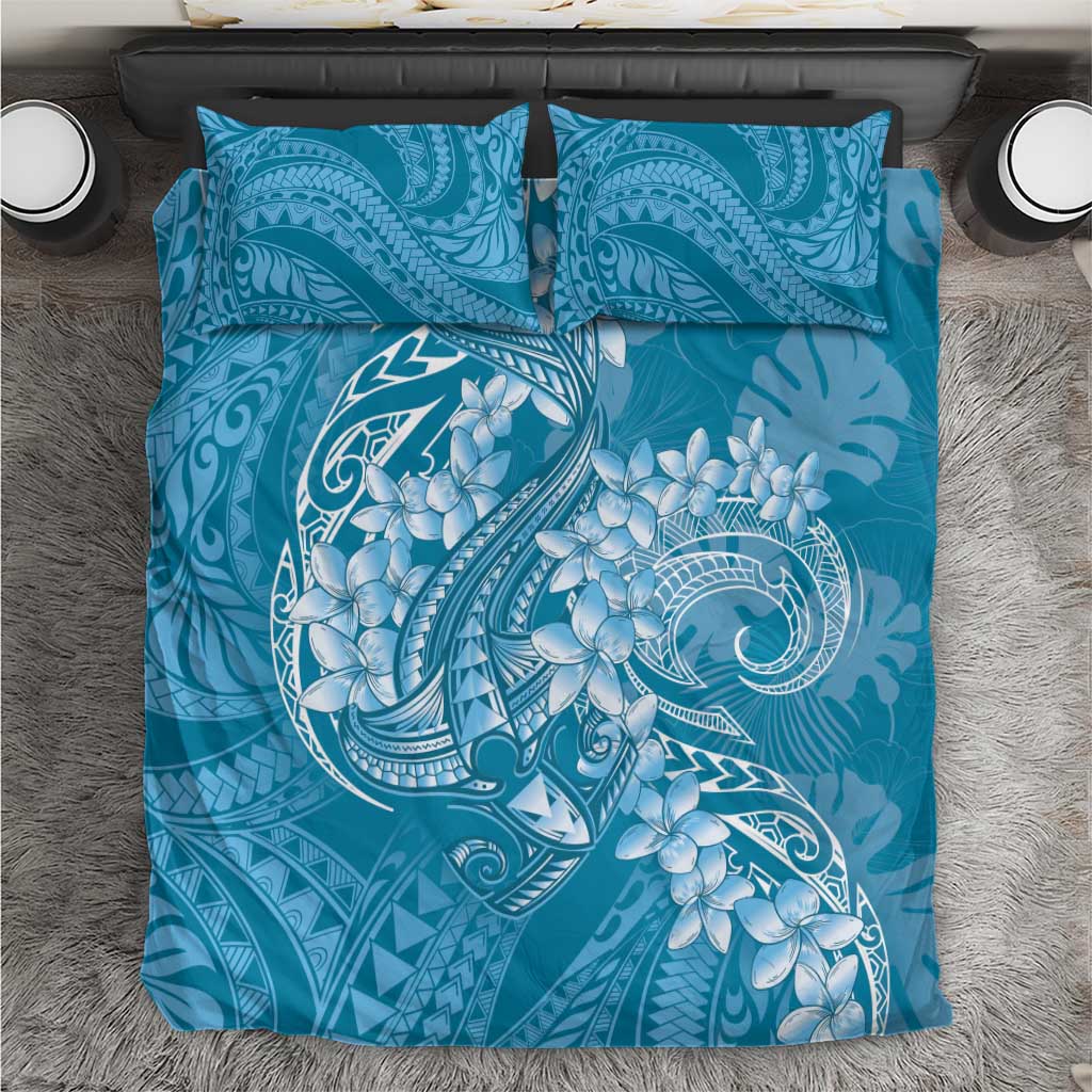 Blue Polynesia Hammerhead Shark Tattoo With Plumeria Lei Bedding Set