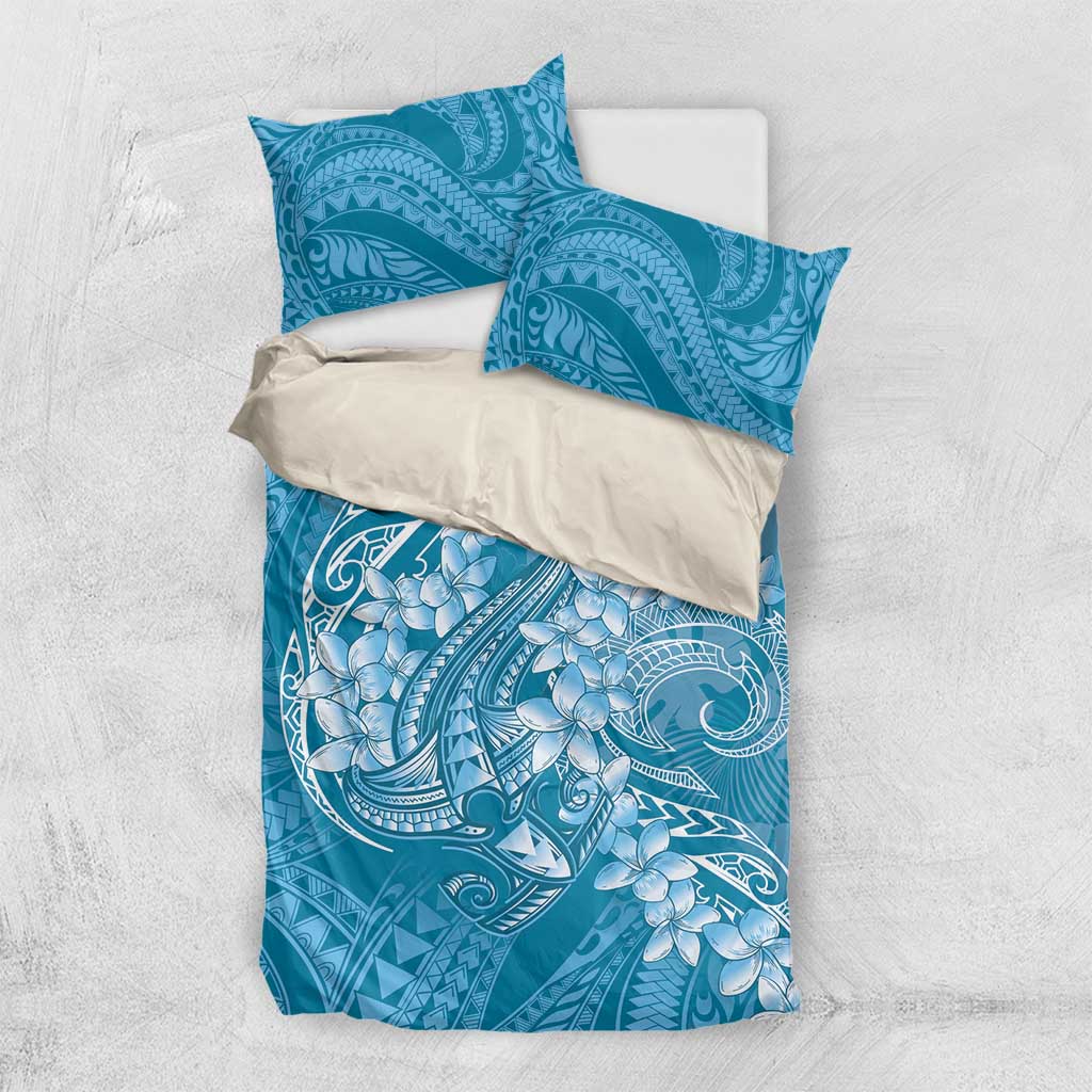 Blue Polynesia Hammerhead Shark Tattoo With Plumeria Lei Bedding Set