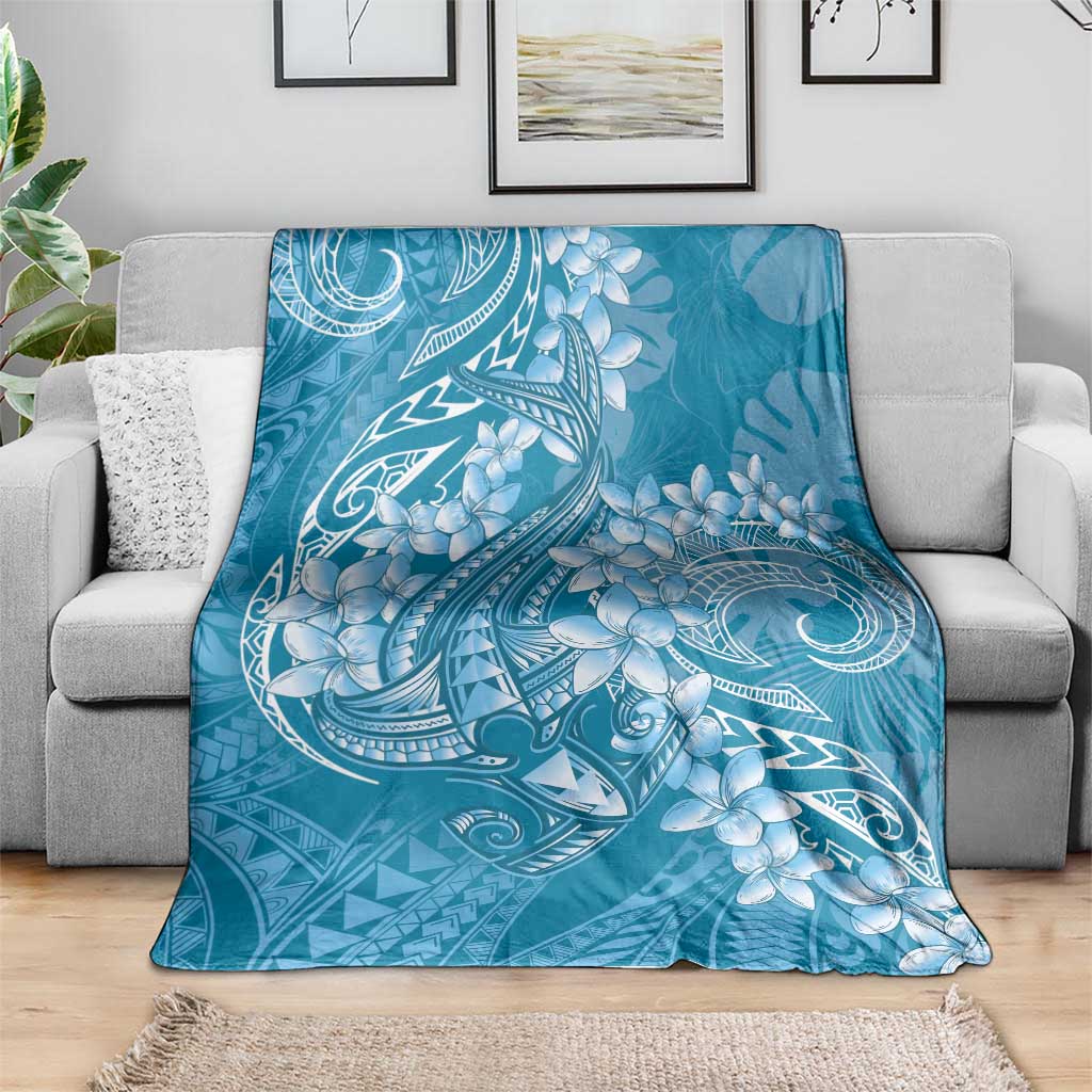 Blue Polynesia Hammerhead Shark Tattoo With Plumeria Lei Blanket