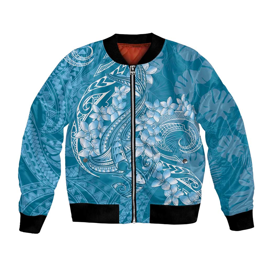 Blue Polynesia Hammerhead Shark Tattoo With Plumeria Lei Bomber Jacket LT14 Unisex Blue - Polynesian Pride