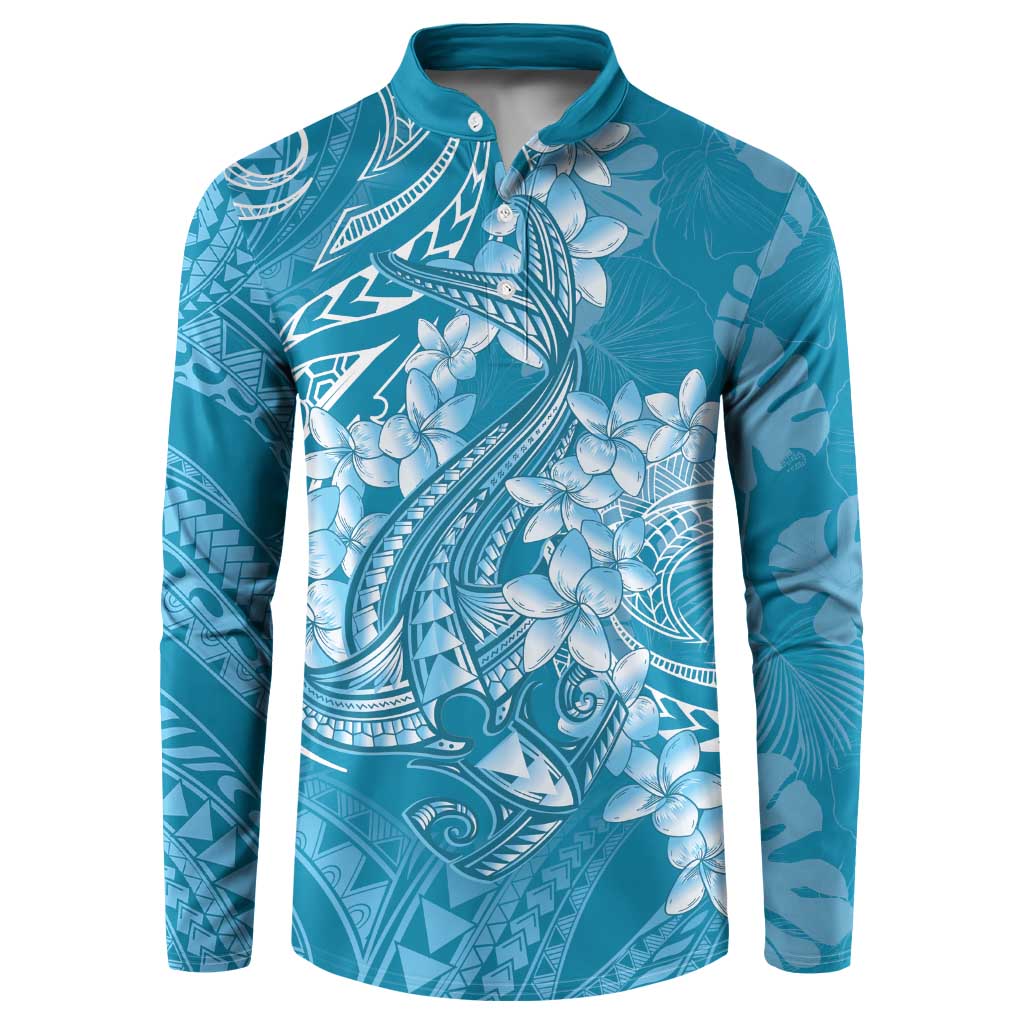 Blue Polynesia Hammerhead Shark Tattoo With Plumeria Lei Button Sweatshirt