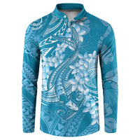 Blue Polynesia Hammerhead Shark Tattoo With Plumeria Lei Button Sweatshirt
