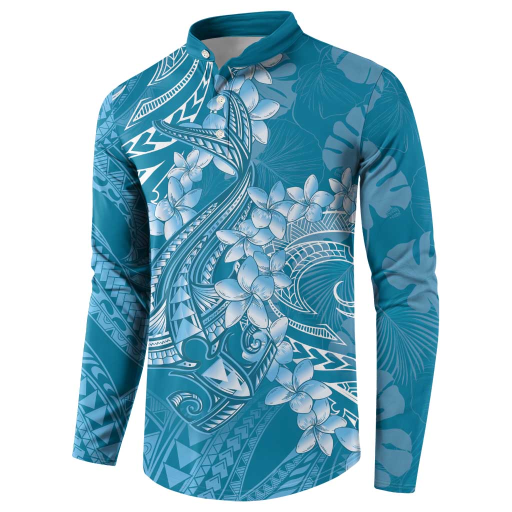 Blue Polynesia Hammerhead Shark Tattoo With Plumeria Lei Button Sweatshirt