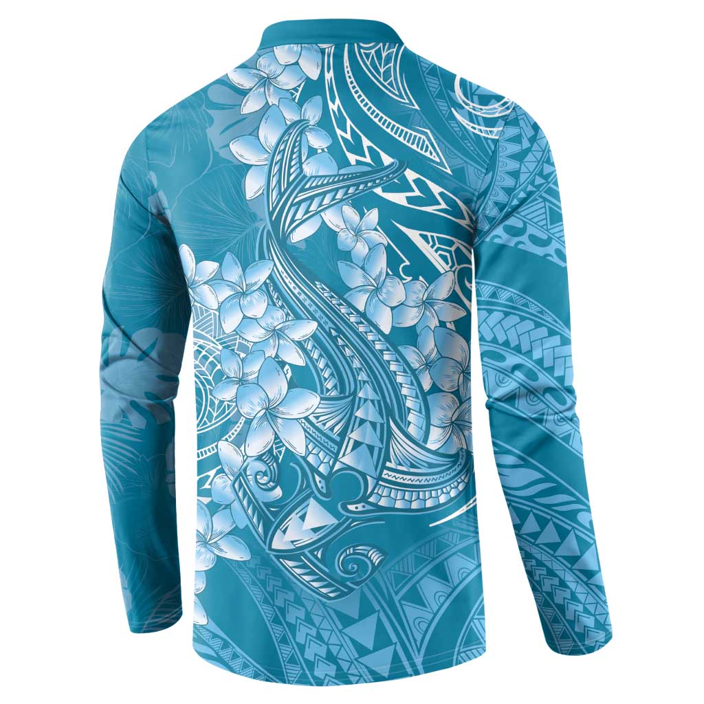 Blue Polynesia Hammerhead Shark Tattoo With Plumeria Lei Button Sweatshirt