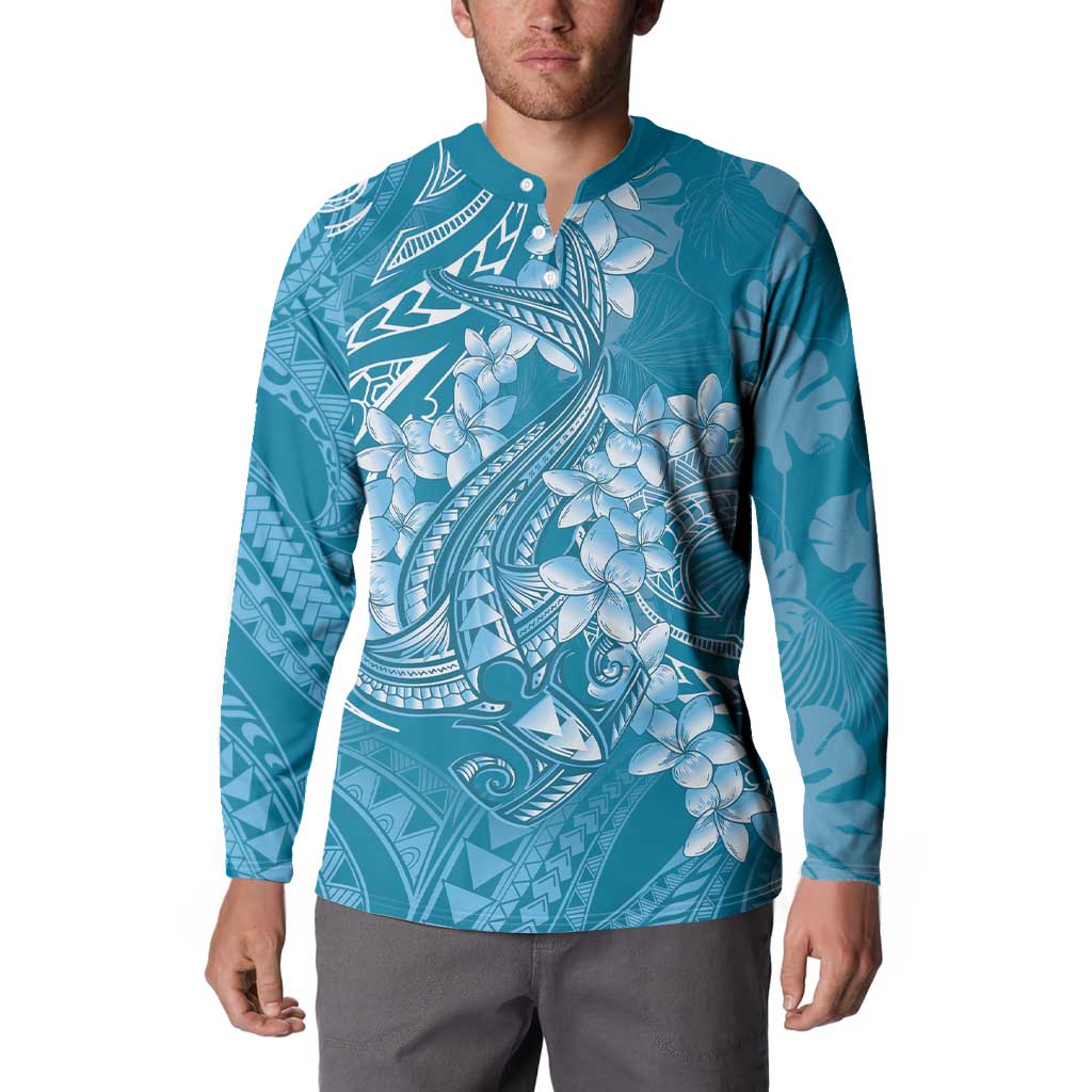 Blue Polynesia Hammerhead Shark Tattoo With Plumeria Lei Button Sweatshirt