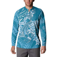 Blue Polynesia Hammerhead Shark Tattoo With Plumeria Lei Button Sweatshirt