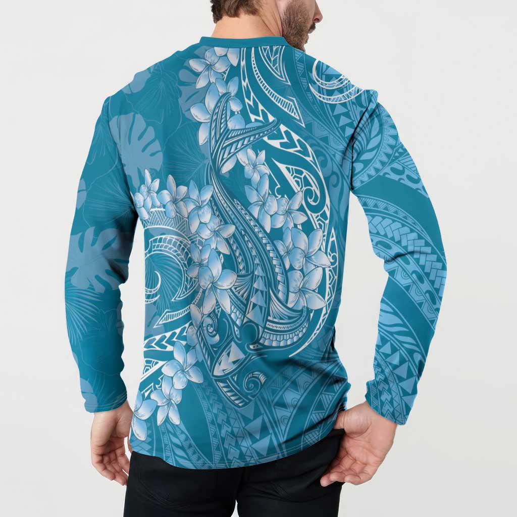 Blue Polynesia Hammerhead Shark Tattoo With Plumeria Lei Button Sweatshirt
