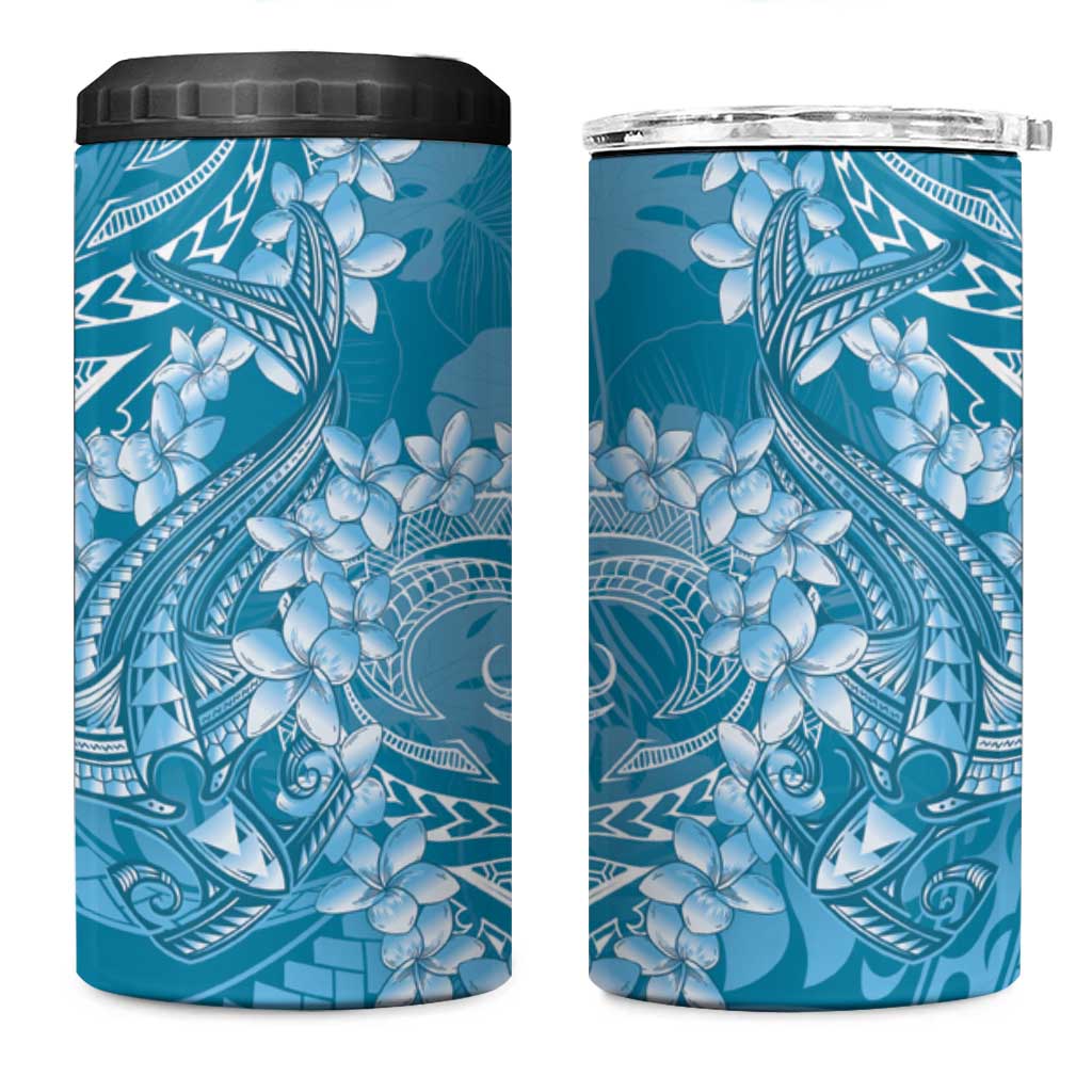 Blue Polynesia Hammerhead Shark Tattoo With Plumeria Lei 4 in 1 Can Cooler Tumbler LT14 One Size: 16 oz Blue - Polynesian Pride