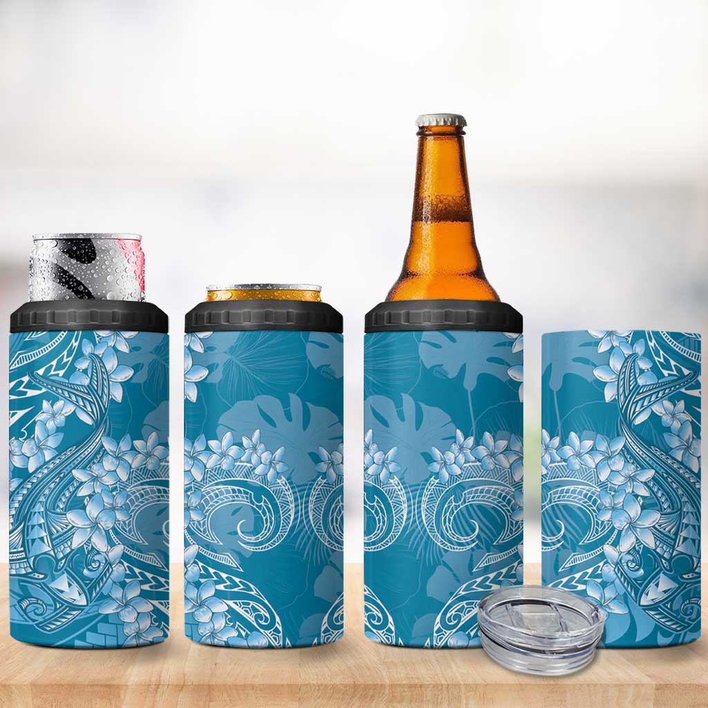 Blue Polynesia Hammerhead Shark Tattoo With Plumeria Lei 4 in 1 Can Cooler Tumbler LT14 - Polynesian Pride
