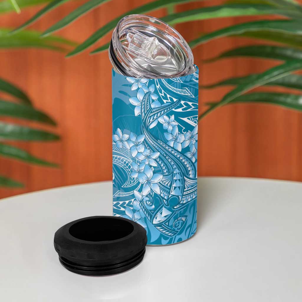 Blue Polynesia Hammerhead Shark Tattoo With Plumeria Lei 4 in 1 Can Cooler Tumbler LT14 - Polynesian Pride
