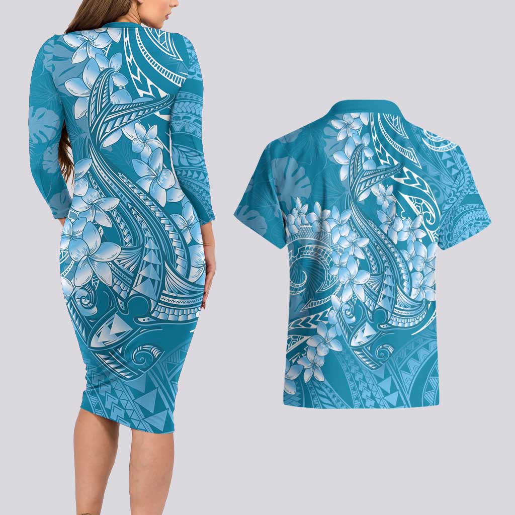 Blue Polynesia Hammerhead Shark Tattoo With Plumeria Lei Couples Matching Long Sleeve Bodycon Dress and Hawaiian Shirt