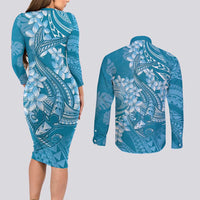 Blue Polynesia Hammerhead Shark Tattoo With Plumeria Lei Couples Matching Long Sleeve Bodycon Dress and Long Sleeve Button Shirt LT14 - Polynesian Pride
