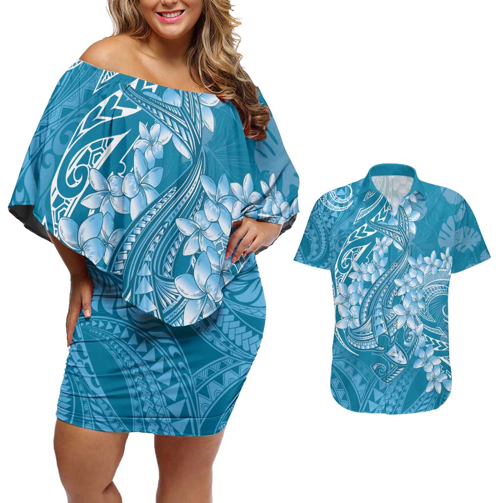 Blue Polynesia Hammerhead Shark Tattoo With Plumeria Lei Couples Matching Off Shoulder Short Dress and Hawaiian Shirt