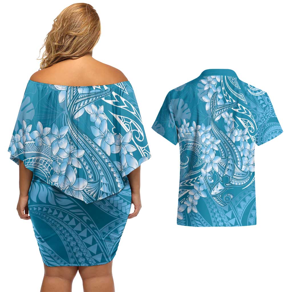Blue Polynesia Hammerhead Shark Tattoo With Plumeria Lei Couples Matching Off Shoulder Short Dress and Hawaiian Shirt